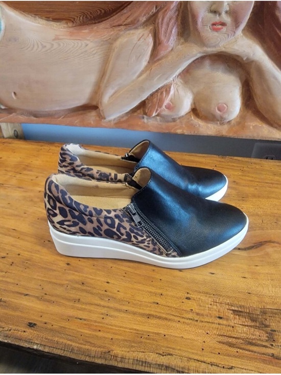 Naturalizer Shoes - Naturalizer Black Leather Slip-On Sneakers with Leopard Print Heel